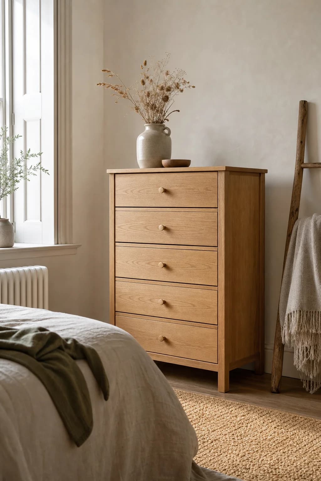 A light oak tallboy chest in a calm, sunlit bedroom