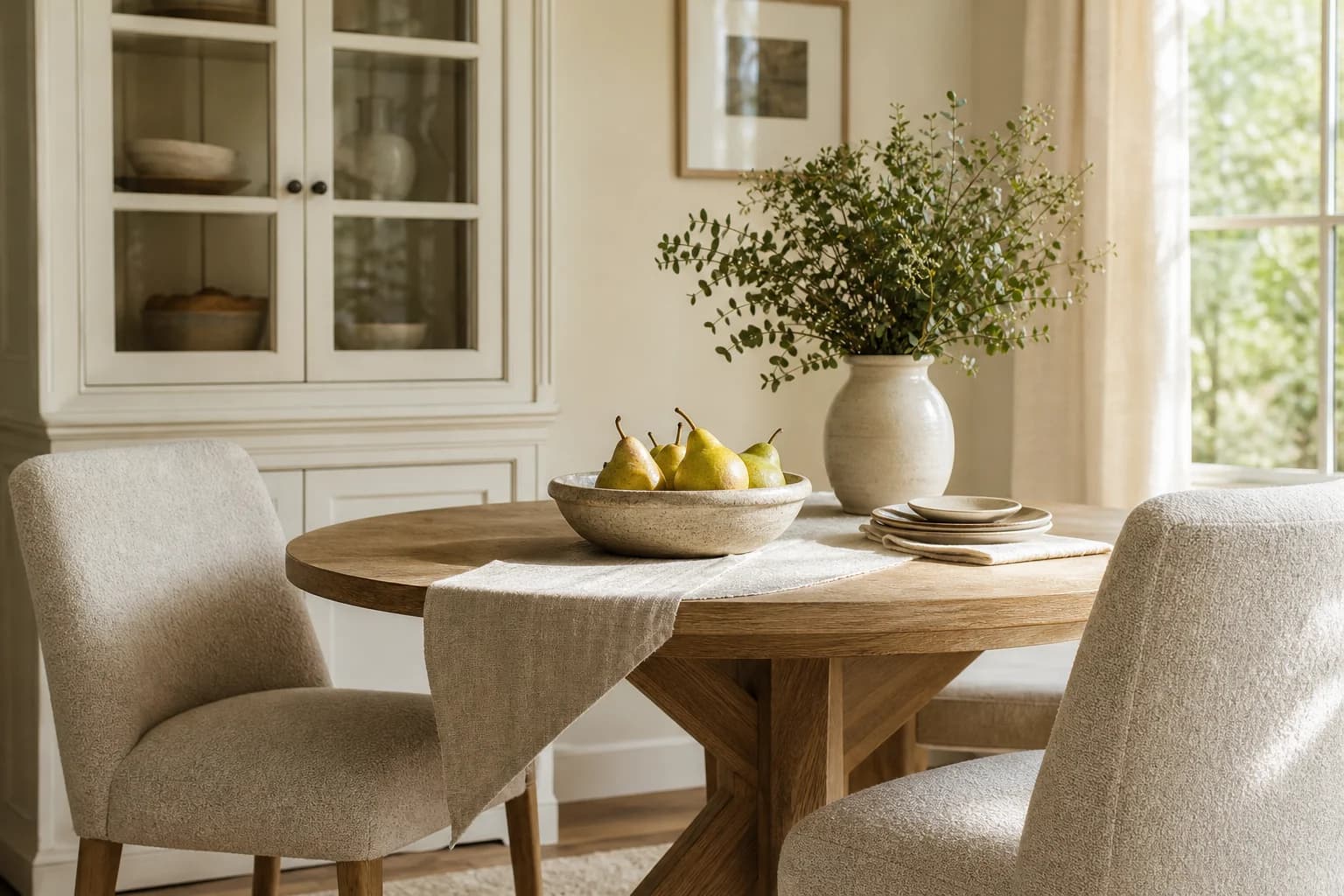 A round oak dining table with textured chairs in warm afternoon light