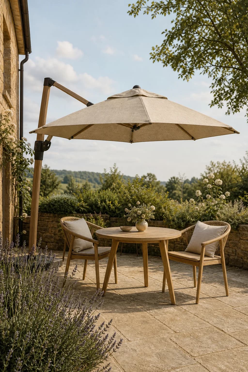 A linen parasol shading a small bistro table on a garden terrace